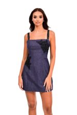 Φόρεμα τζην με τιράντα με μαύρο κέντημα