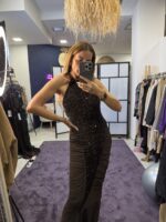 Φόρεμα μακρύ εξώπλατο με βελούδο και πούλια