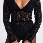 Lace Bodysuit Με V Ντεκολτέ & Floral Λεπτομέρειες