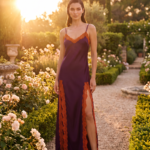 Σατέν Μάξι Slip Dress Με Δαντέλα & Σκισίματα